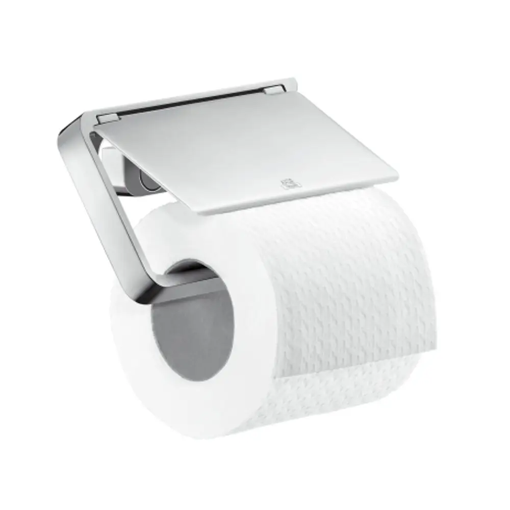 Toilettenpapierhalter aus Chrom mit Deckel, montiert an der Wand. Produkt der Marke AXOR, geeignet für die Aufnahme von handelsüblichem Toilettenpapier.